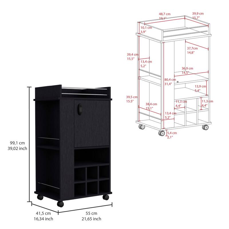 Fargo Bar Cart with Cabinet, 6 Built-in Wine Rack and Casters
