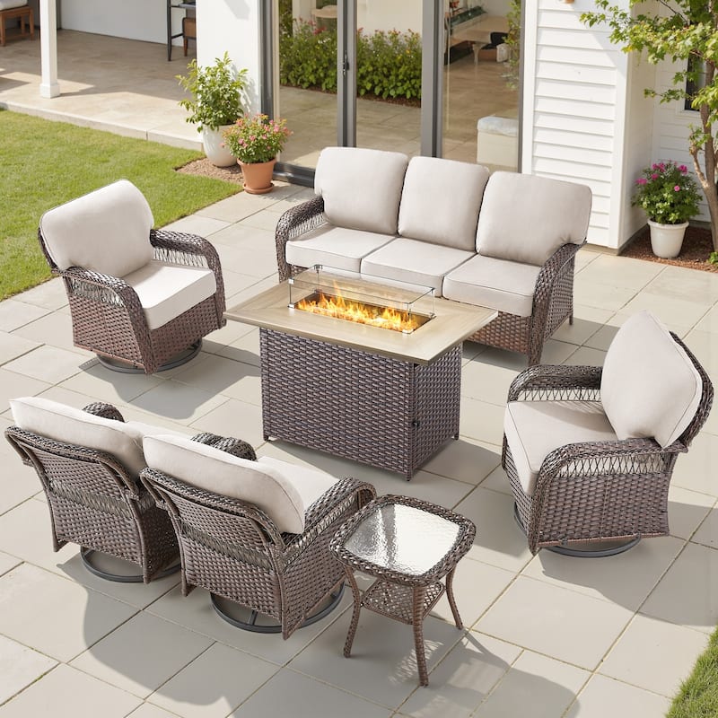Pocassy Patio Sofa Ottoman Swivel Chair Table with Fire Table Set. - Brown Wicker Beige Cushion - 7-Piece Sofa Swivel Chair Table w/ Fie Pit Table