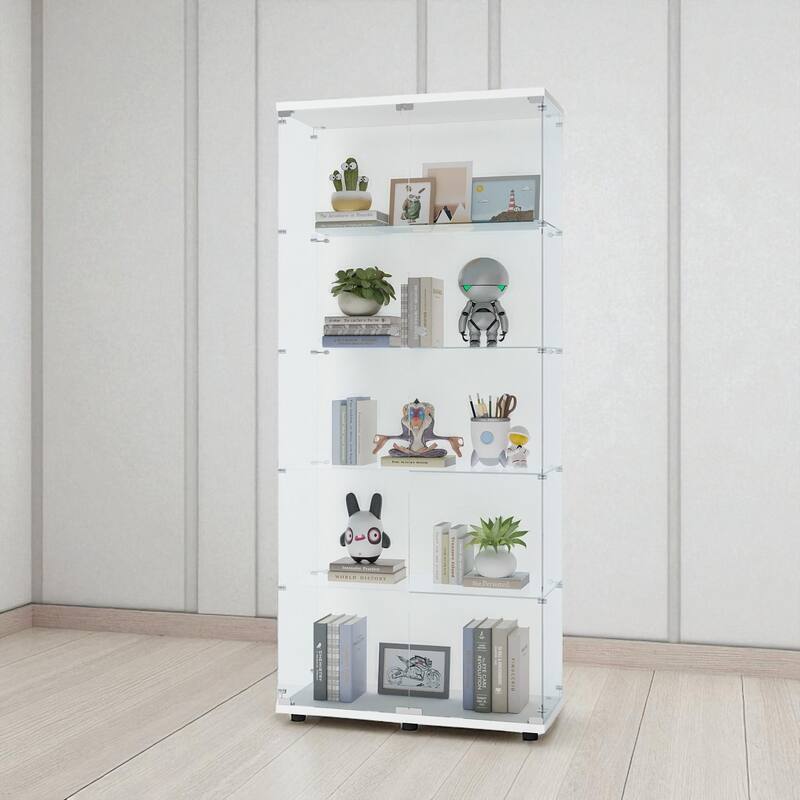Glass Display Cabinet with Doors & Locks, Acrylic Shelves, Floor Standing Storage Showcase for Home or Office - 5Shelves-2Doors - White