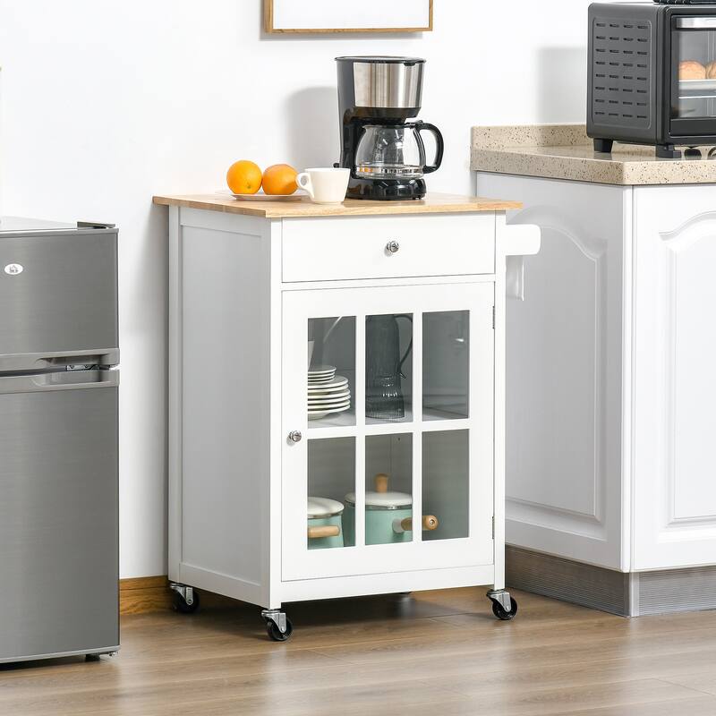 HOMCOM 27" Rolling Kitchen Island Cart with Drawer and Glass Door Cabinet, Kitchen Trolley with Adjustable Shelf and Towel Rack - Kitchen Cart - Wood - White