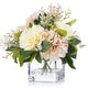 preview thumbnail 1 of 6, Enova Home Artificial Silk Dahlia Fake Flowers Arrangement in Clear Glass Vase with Faux Water for Home Wedding Decoration Cream Pink