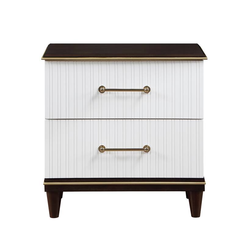 Modern White & Cherry 2-Drawer Nightstand w/ Gold Trim for Bedroom
