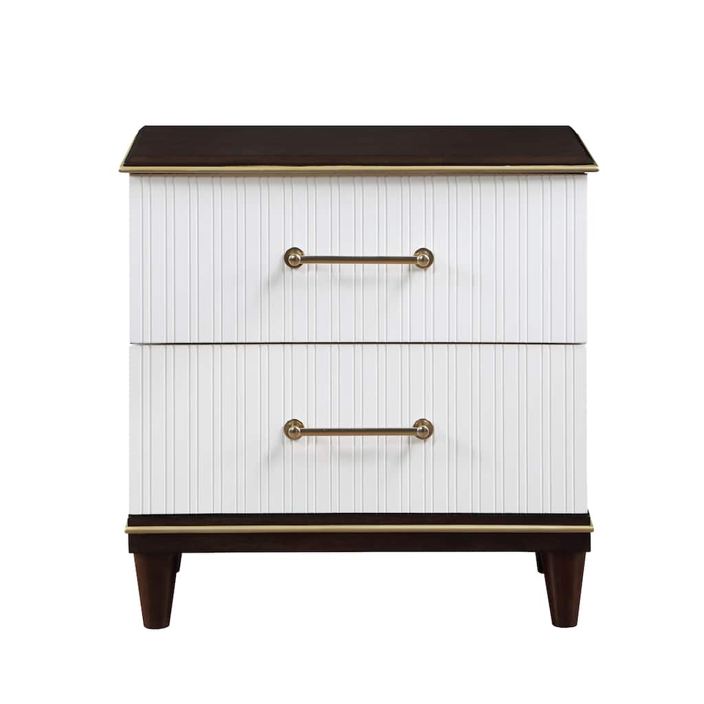 Modern White & Cherry 2-Drawer Nightstand w/ Gold Trim for Bedroom