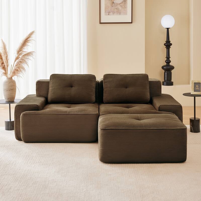 82" Tufted Sectional Sofa with Movable Ottoman, 2-Seater Corduroy Couch for Living Room, Floor Upholstered Leisure Loveseat