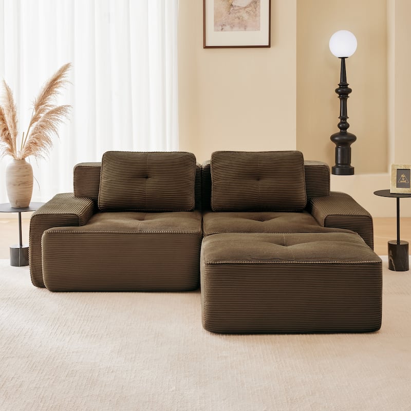 Rossetta Modern Modular Sectional Corduroy Fabric Ribbed Texture Deep Seat Sofa with Movable Ottoman - Brown
