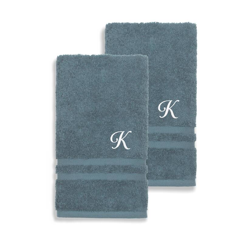 Authentic Hotel and Spa Omni Turkish Cotton Terry Set of 2 Medium Blue Hand Towels with White Script Monogrammed Initial - K