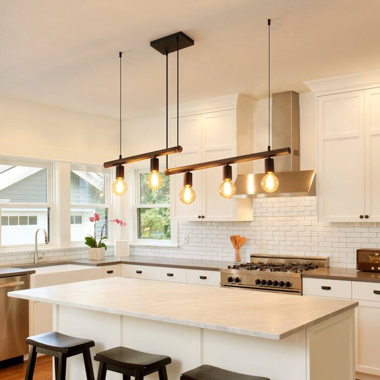 Kitchen Island Pendant Lighting, 5-Light Farmhouse Dining Room Light Fixture Over Table, Rustic Industrial Linear Chandelier