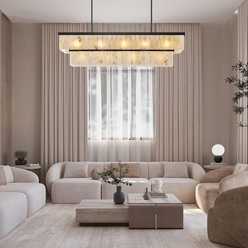 Elegant layered alabaster chandelier with natural stone panels