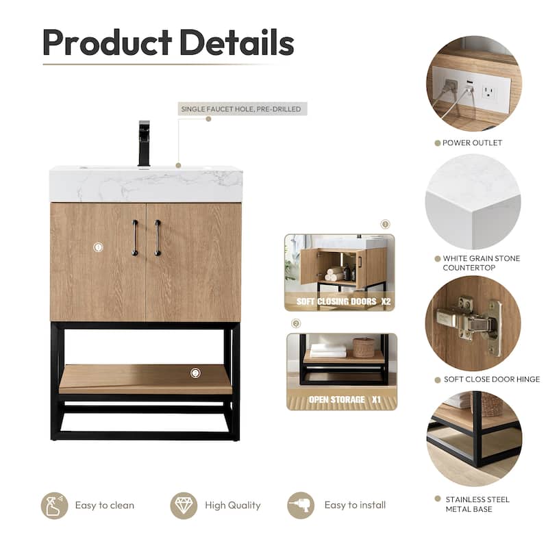 Alistair Single Bath Vanity with White Grain Stone Top & Mirror