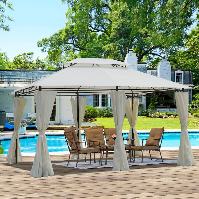 Outdoor Patio Gazebo Canopy Tent With Ventilated Double Roof And SideWall - Beige
