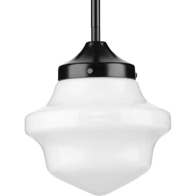 School House Pendant Collection One-Light Matte Black Opal Glass Coastal Mini-Pendant Light - 8 in x 8 in x 9 in