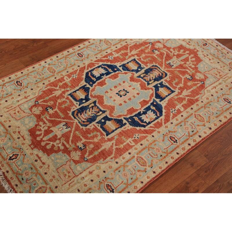 Orange Vegetable Dye Heriz Serapi Rug Hand-Knotted Wool Carpet - 3'1"x 4'10"