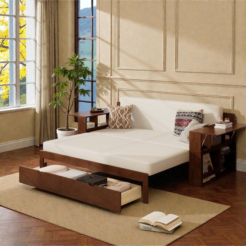 Queen Size 4-in-1 Daybed with Removable Desk, Storage Drawers, Hydraulic Side Tables & Extendable Armrests