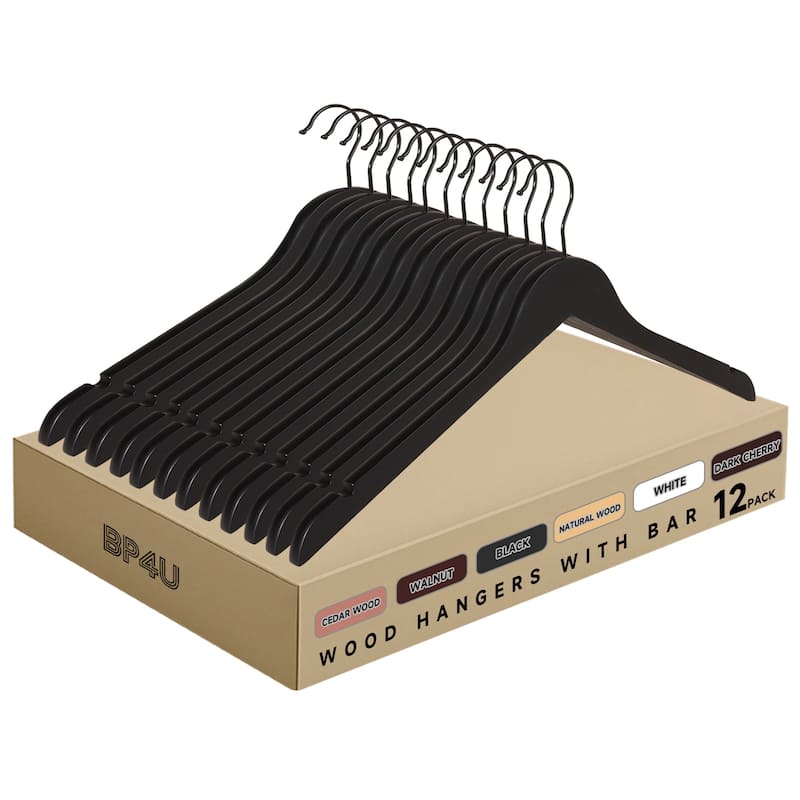 BP4U Premium Wooden Clothes Hangers, Solid Wood Coat Shirt Top Hangers for Jackets, Shirts, Dresses - 12-Pack - Black