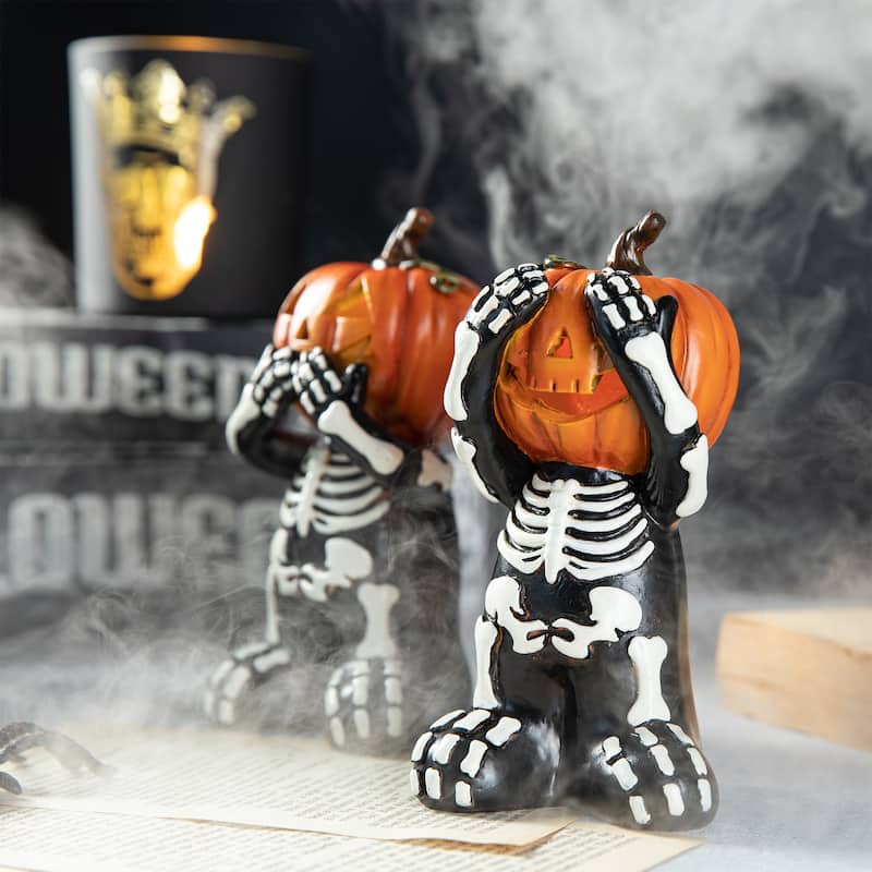 Glitzhome 5.75"H Set of 3 Halloween Resin Skeleton Pumpkin Table Decor - Black