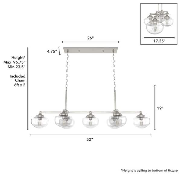 dimension image slide 3 of 5, Hunter Saddle Creek Linear Chandelier, Clear Glass, Dining Room Table, Kitchen Island
