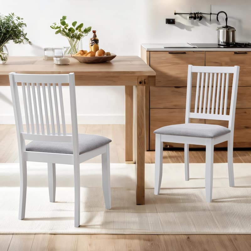 Farmhouse 18"Wide Slat Back Upholstered Seat Wood Dining Chairs - 17.75L×18W×35H - Set of 2 - White