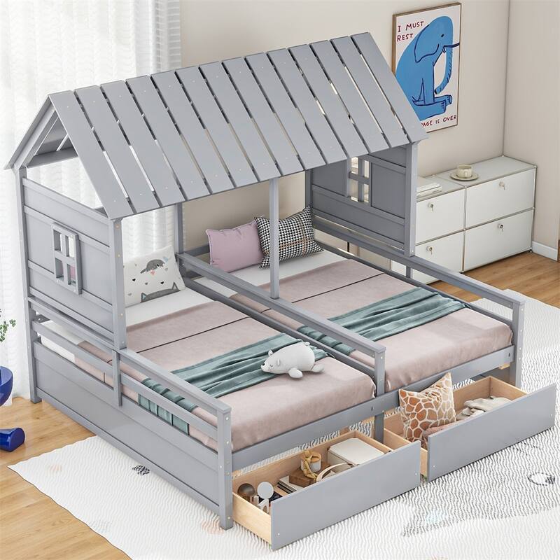 Twin Size House Platform Beds with Two Drawers - Grey