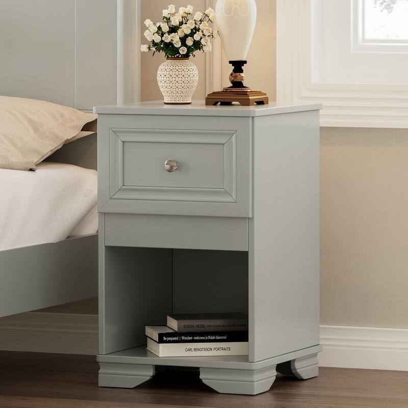 Retro Style Nightstand with Drawer and Open Shelf for Bedroom