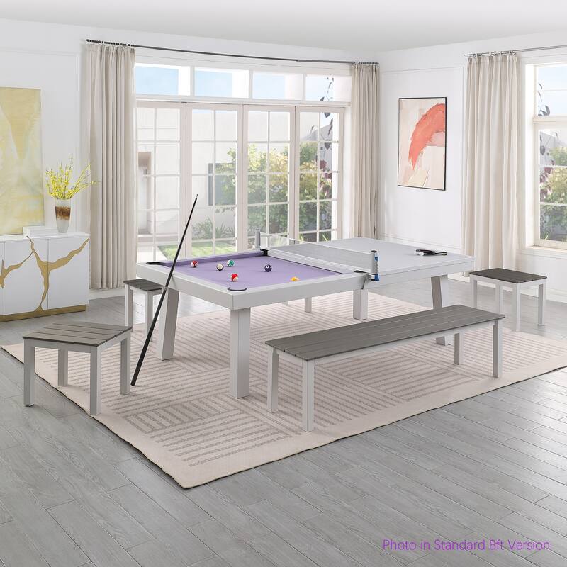 Laguna Indoor/Outdoor 7ft Slate Pool Table 6-Seater Dining Set with 4 Benches & Accessories, White Finish - White/Purple