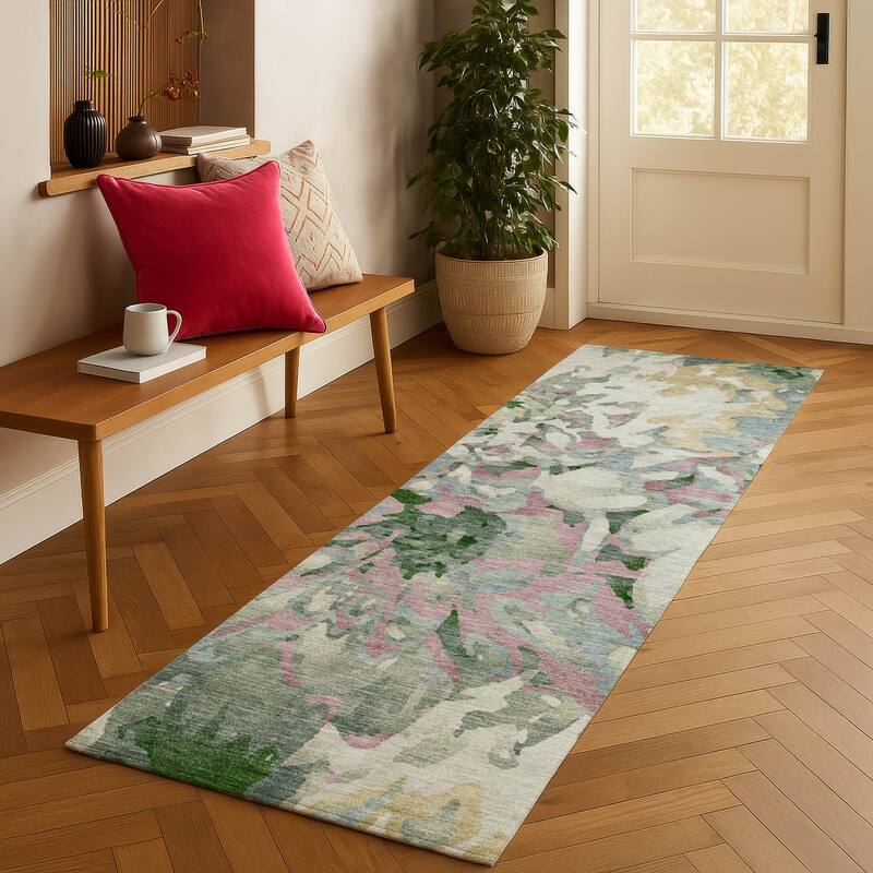 Machine Washable Indoor/ Outdoor Abstract Floral Chantille Rug