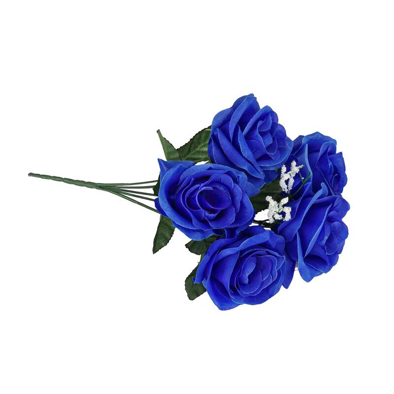 Set of 12 Royal Blue Artificial Open Rose Flower Stem Bush Bouquet 14in - 14" L x 7" W x 7" DP