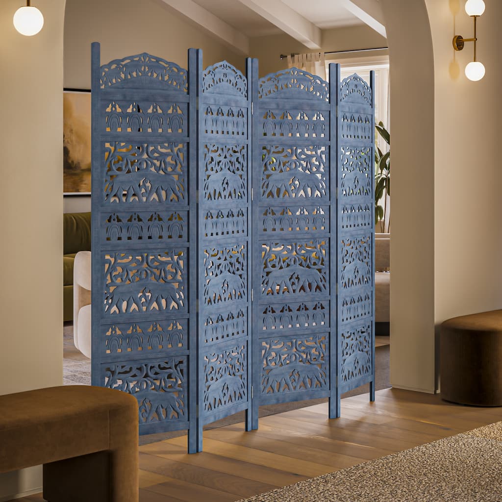 Jumbo 4 Panel Folding Room Divider Screen, Antique Blue Mango Wood, Elephant Motif Carved Design