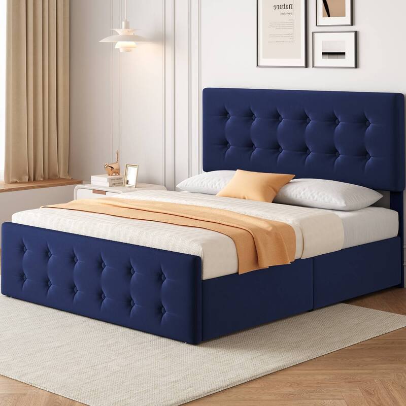Queen Size Bed Frame with 4 Storage Drawers and Headboard - Blue