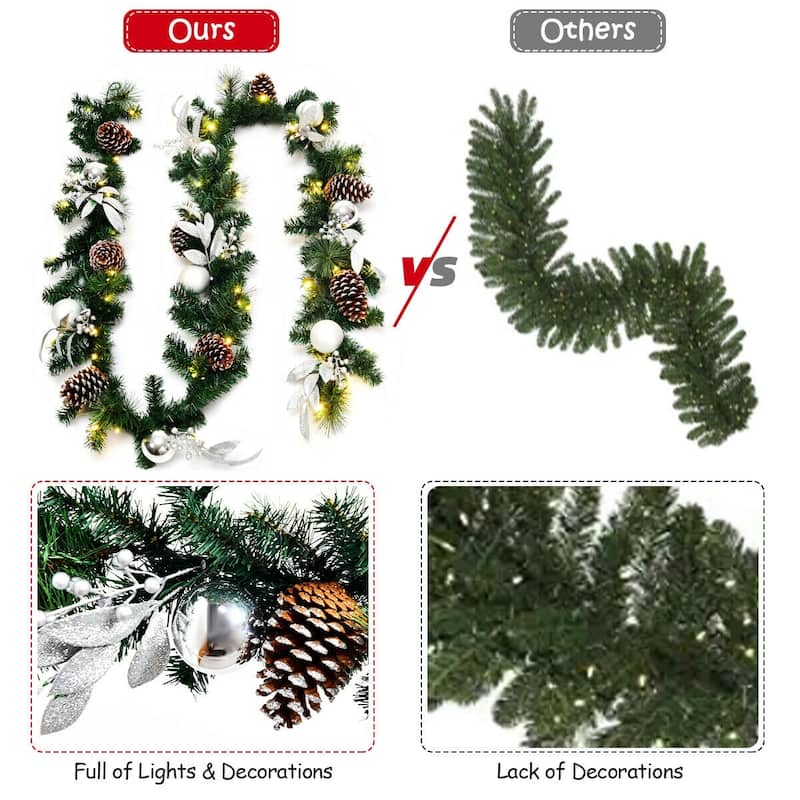 Lifelike 9ft Artificial Christmas Garland with 50 LED Lights Pine Needle Foliage and Decorative Accents