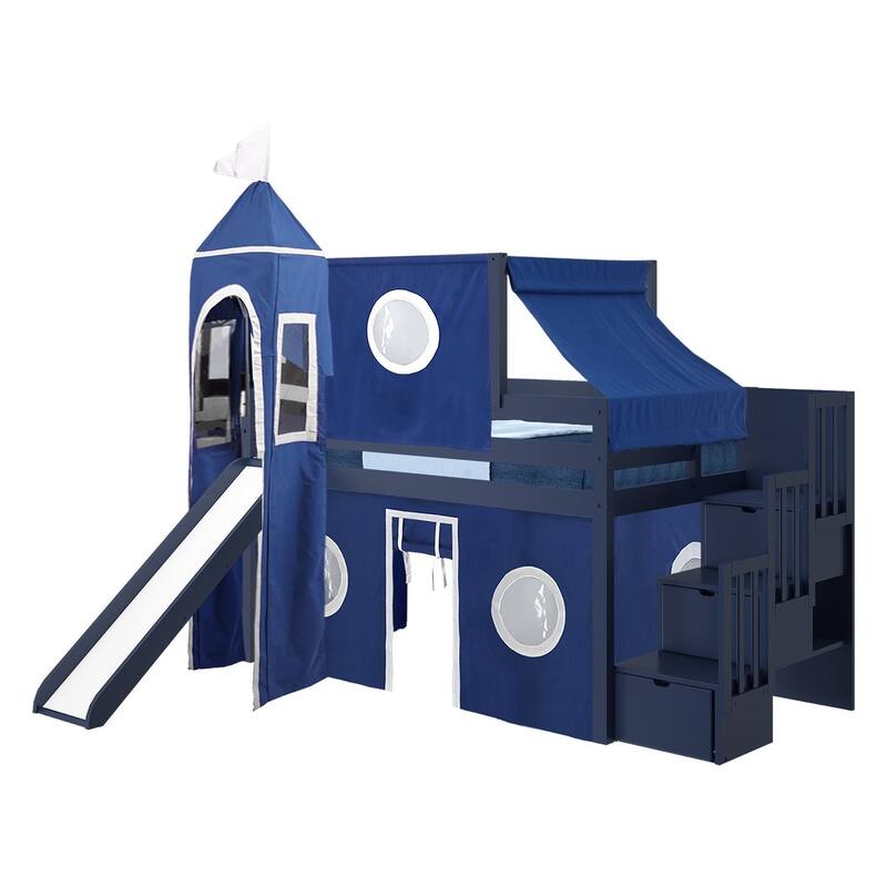 JACKPOT Prince & Princess Low Loft Twin Bed, Stairs Slide Tent & Tower