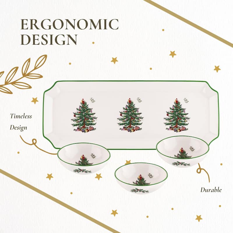 Spode Christmas Tree Rectangular Tray with 3 Dishes - 14" L x 4" W