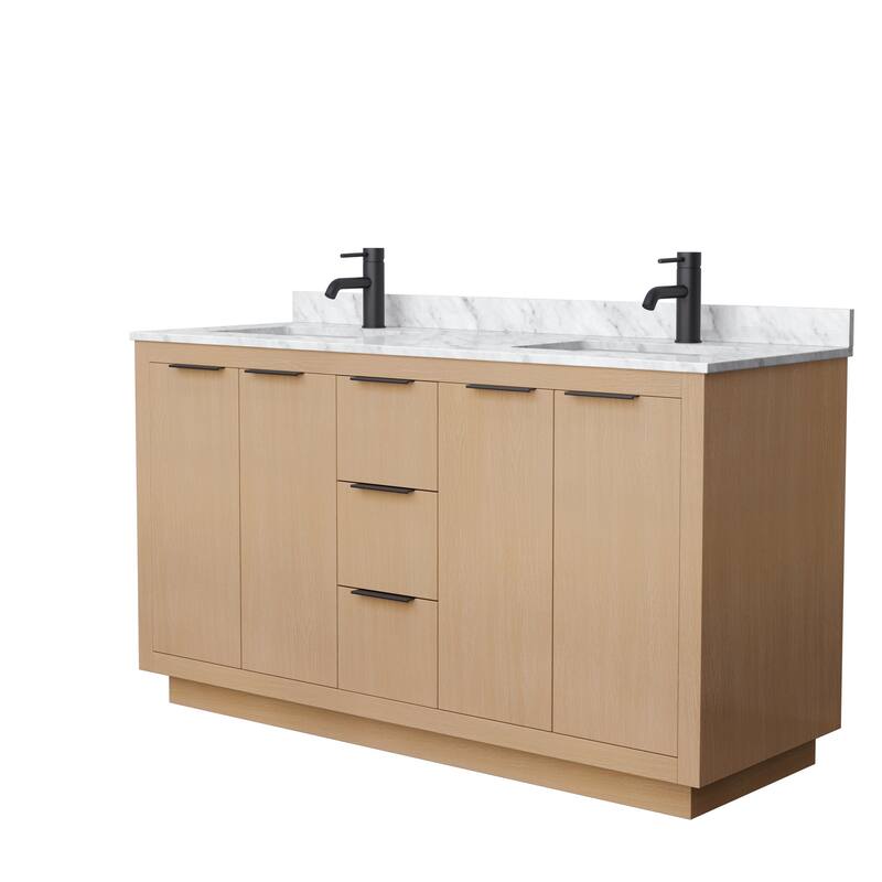 Maroni 60-Inch Light Straw Double Vanity, White Carrara Marble Top - Light Straw, Black Trim, White Carrara Marble Top