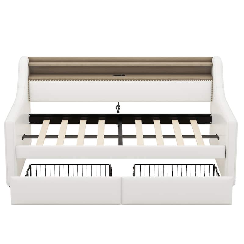 Twin Size Daybed with Drawers, Upholstered Daybed with Charging Station and LED Light