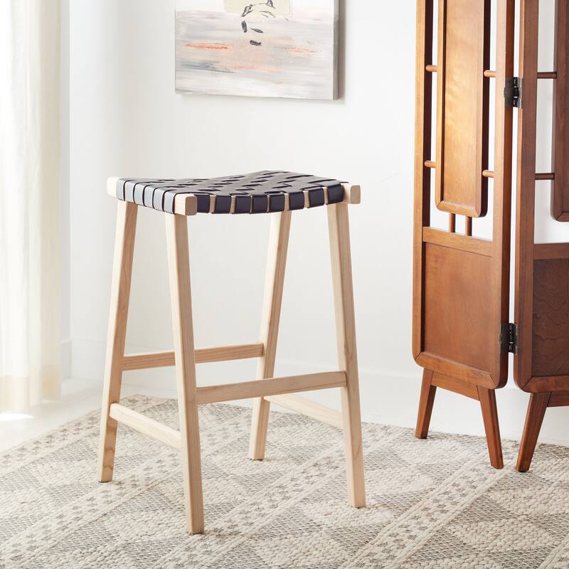 SAFAVIEH Remzija 30-inch Woven Leather Rectangle Bar Stool - 20" W x 19" D x 30" H - Black/Light Natural