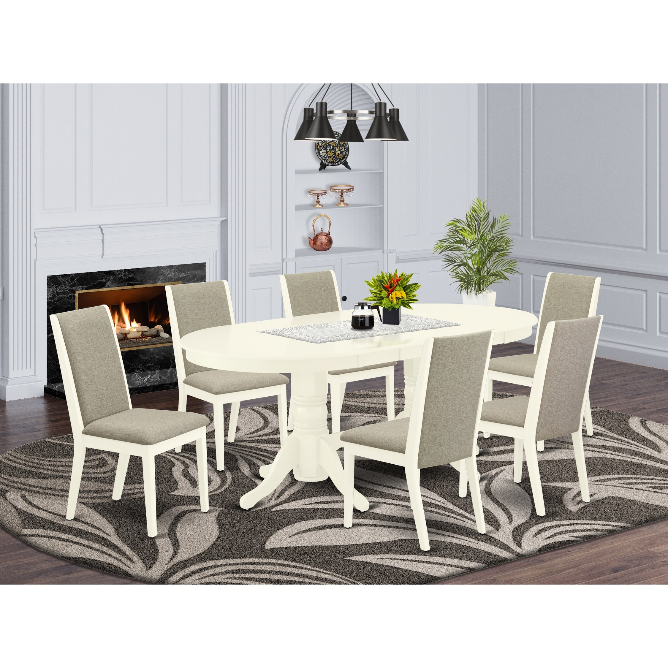 Vala7 Lwh 06 7 Piece Kitchen Table Set 6 Upholstered Dining Chairs And Oval Butterfly Leaf Table Linen White Finish Overstock 32085552