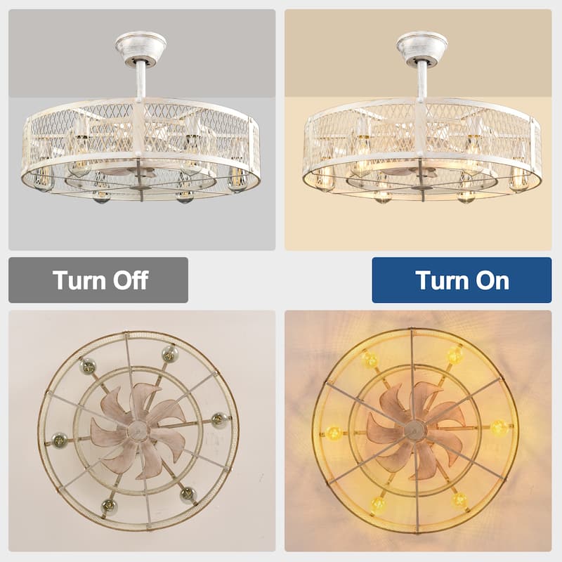 20-26" Caged outdoor Ceiling Fan with Light: Remote App Control-Farmhouse Fandelier Flush Mount Fixture Reversible 6 Speed Timer