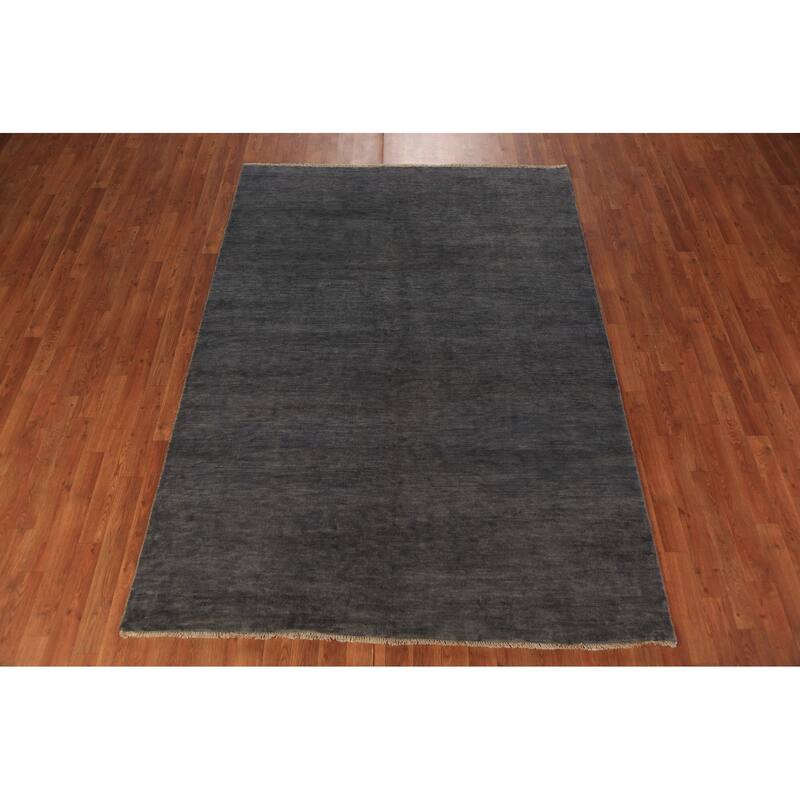 Gabbeh Modern Area Rug Hand-Knotted Strip Gray Wool Carpet - 5'7" x 7'10"