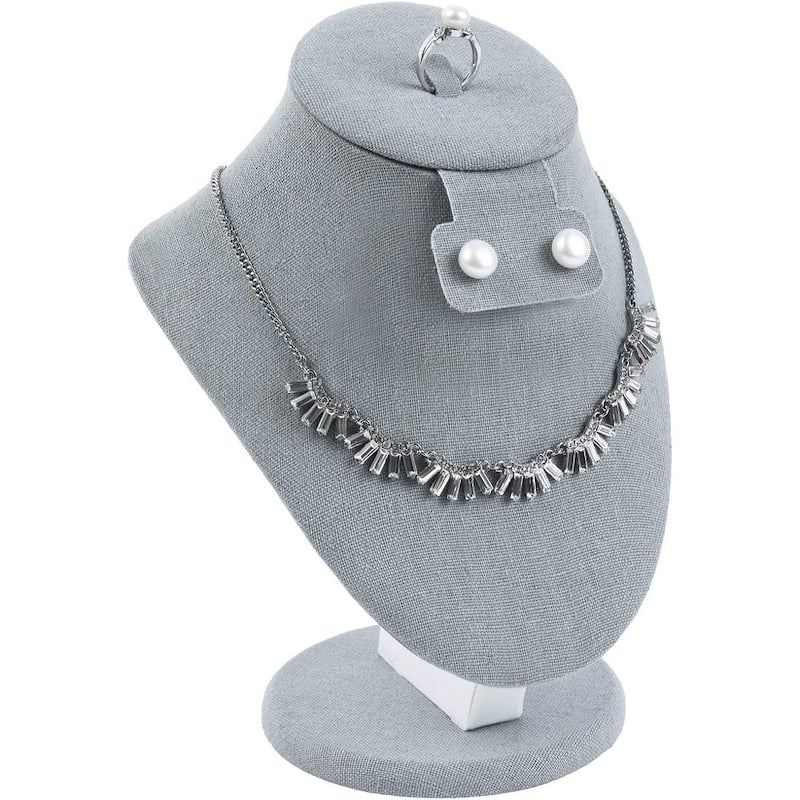 Linen Covered Wood Jewelry Display Necklace Bust Display Stand - S