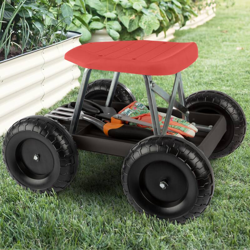Gardening Stool - Rolling Garden Seat with Wheels and Storage Tool Tray by Pure Garden