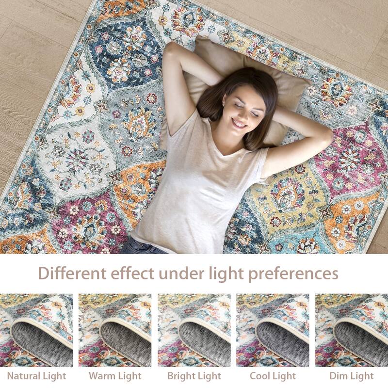 Rugs for Living Room Vintage Oriental Trellis Area Rug Soft Non Slip Low Pile Accent Rugs for Dining Room Office