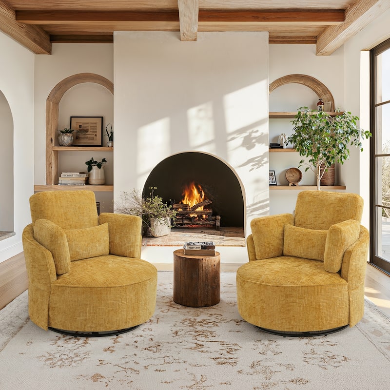 Modern Upholstered Swivel Accent Chair Round Chair with Pillows Single Sofa Chair Chenille Armchair for Living Room - Yellow - Set of 2