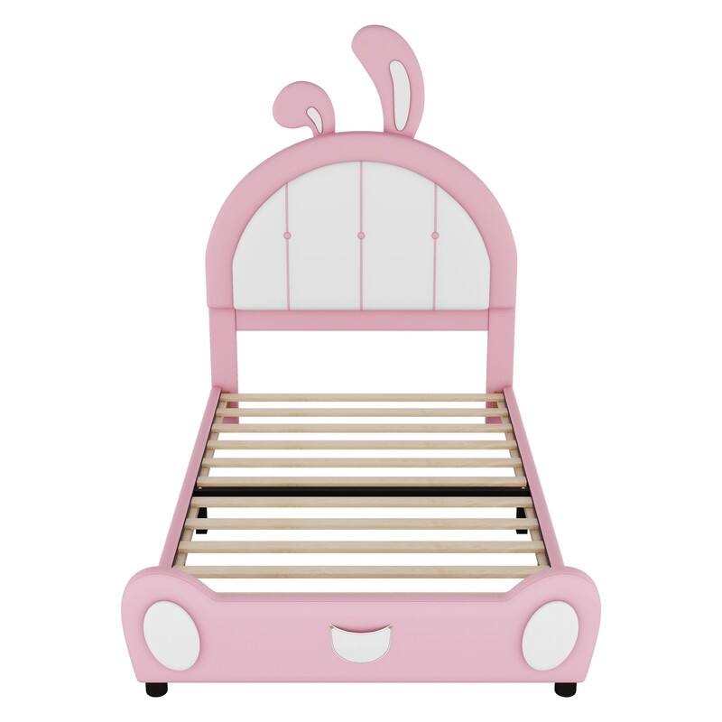 Twin Size Upholstered Platform Bed with Ribbit Shaped Headboard, Cute Animal Shaped Bed Frame with Bed End Storage Pocket