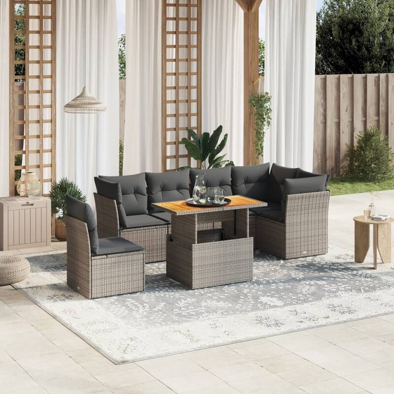 vidaXL Patio Sofa Set with Cushions Outdoor Table and Sofas 7 Piece Poly Rattan - 21.7 x 39.4 x 28.7 - Grey - form3