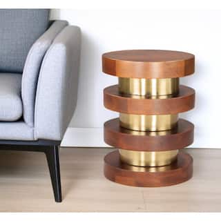 HomeRoots 20" Brown and Gold Solid Wood and Iron Round Pedestal End Table - 15' X '20.1' X '15