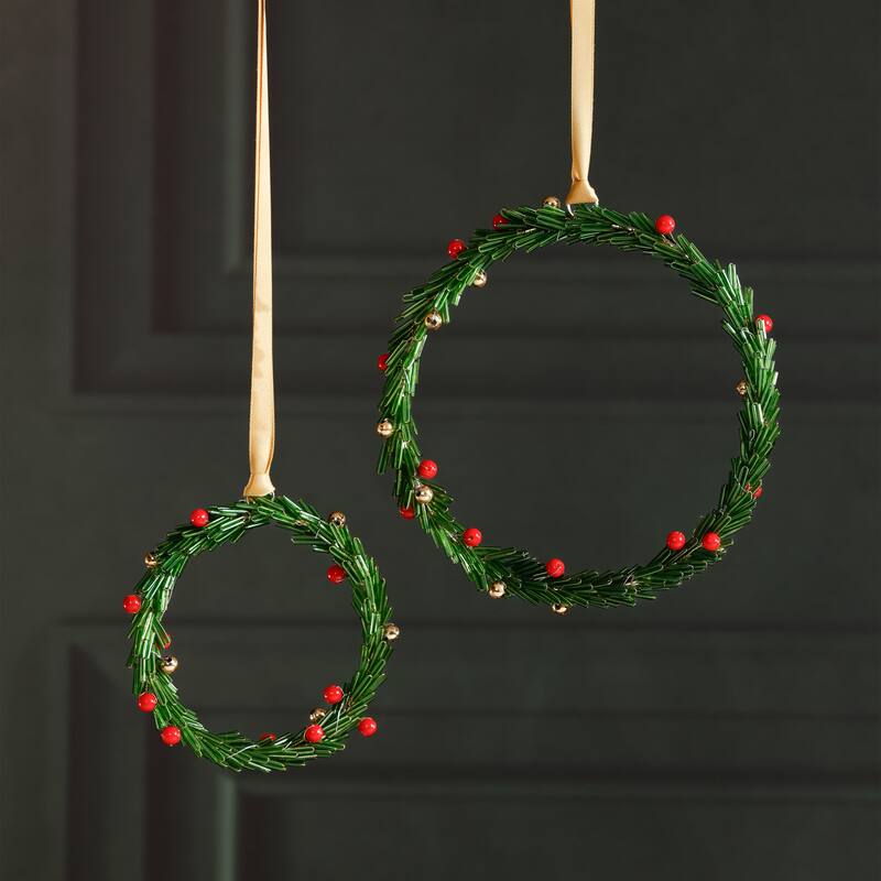 Festive Beaded Christmas Round Hanging Ornaments with Red Berries, Set of 12, 4"