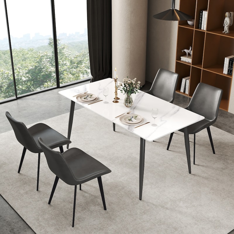 63" Rectangle Modern Kitchen Table with Sintered Stone Dining Table Top and Metal Legs - White