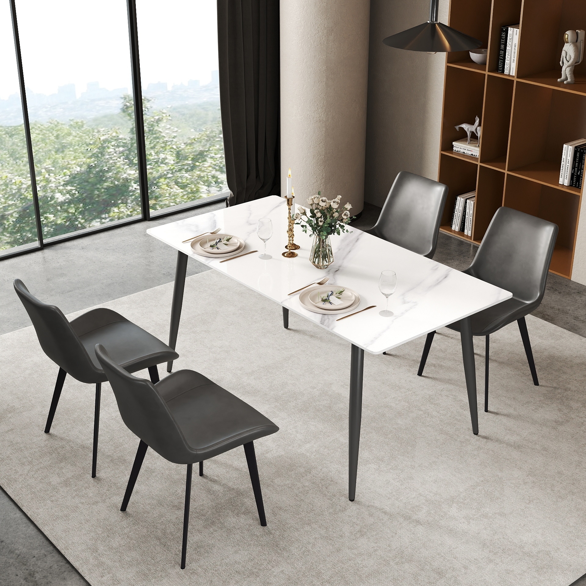 63" Rectangle Modern Kitchen Table with Sintered Stone Dining Table Top and Metal Legs