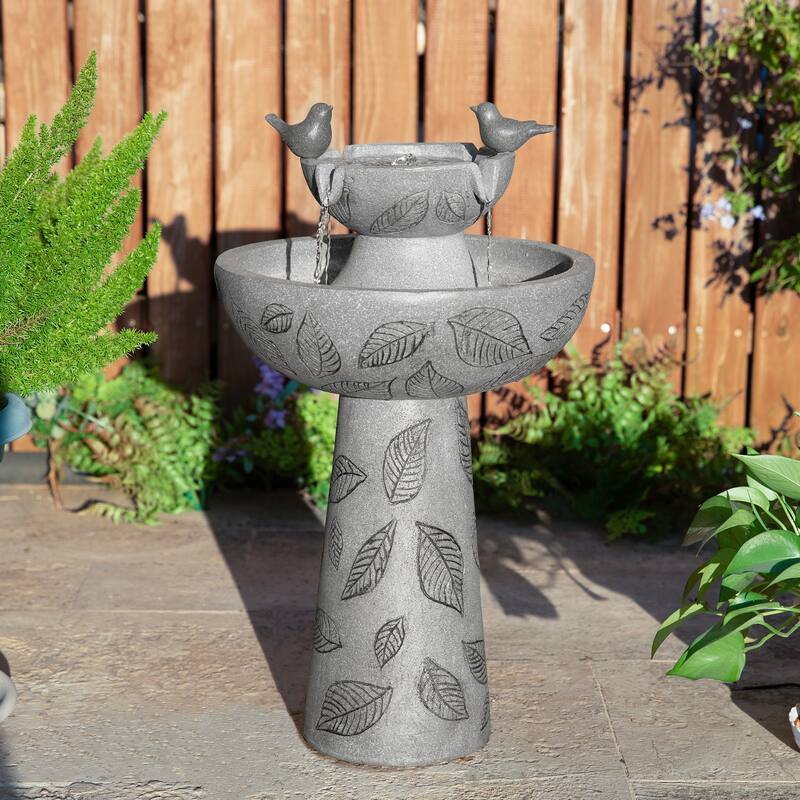 Glitzhome Birdbath Polyresin Outdoor Fountain with Birds, Pump and LED Light - Grey - 26"H