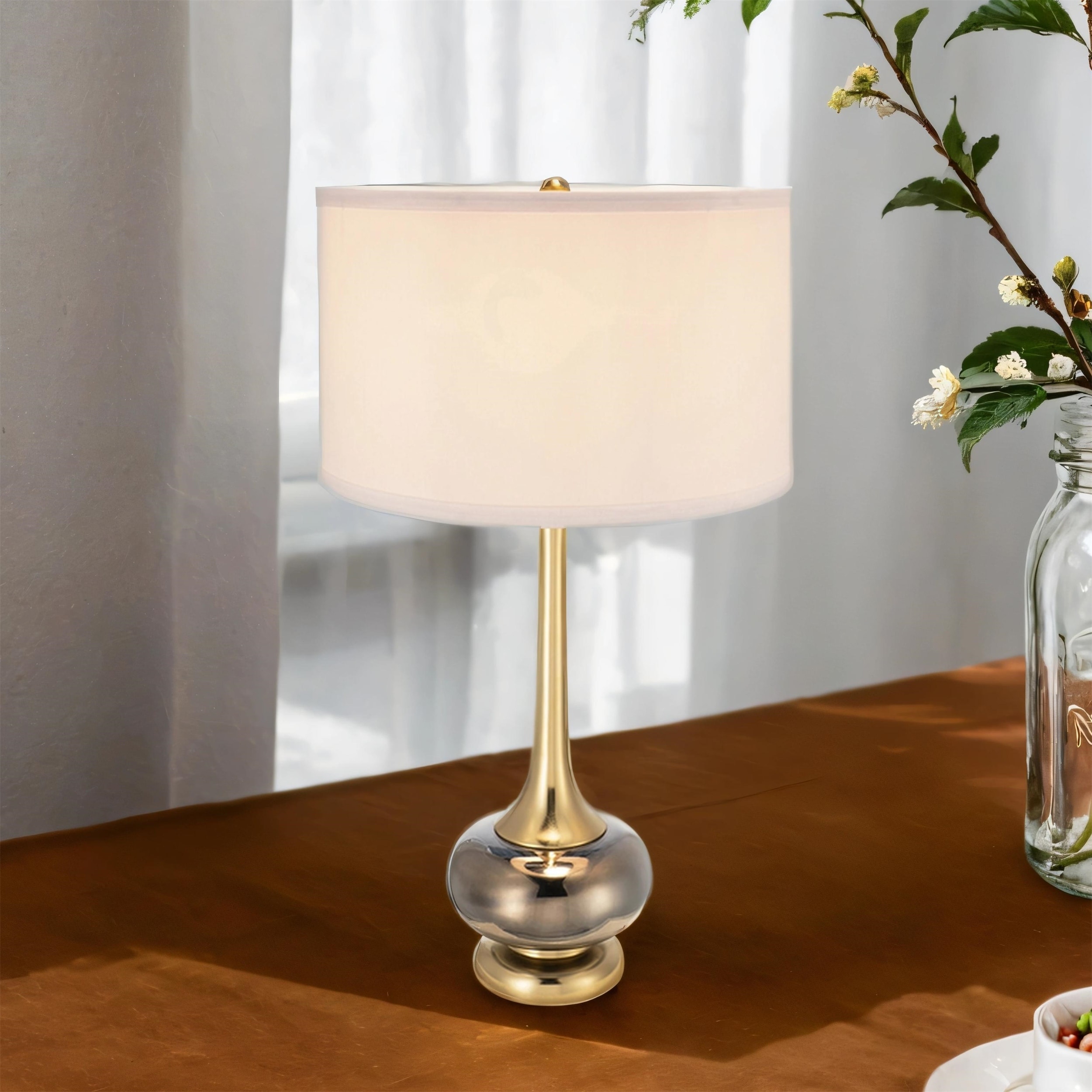 29 inch Table Lamp with Glass Vase Base, Fluted Neck, Drum Shade