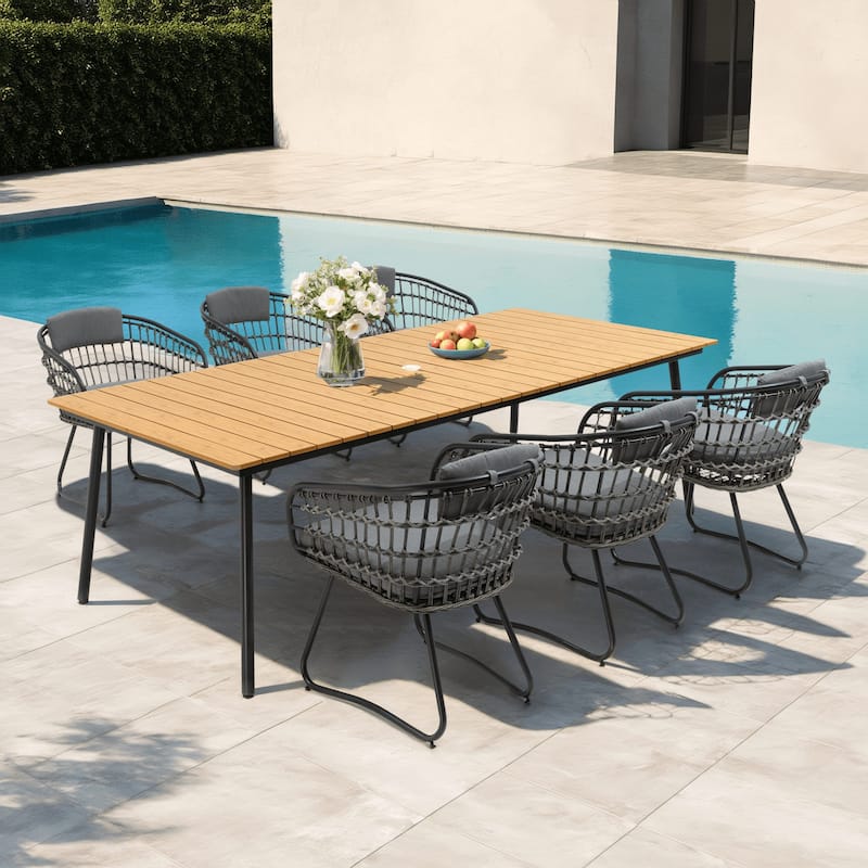 5/7/9-Piece Dining Set Outdoor Patio Aluminum Dining Table and PE Rattan Wicker Dining Chairs - Chairs with Grey Cushion - Set of 7